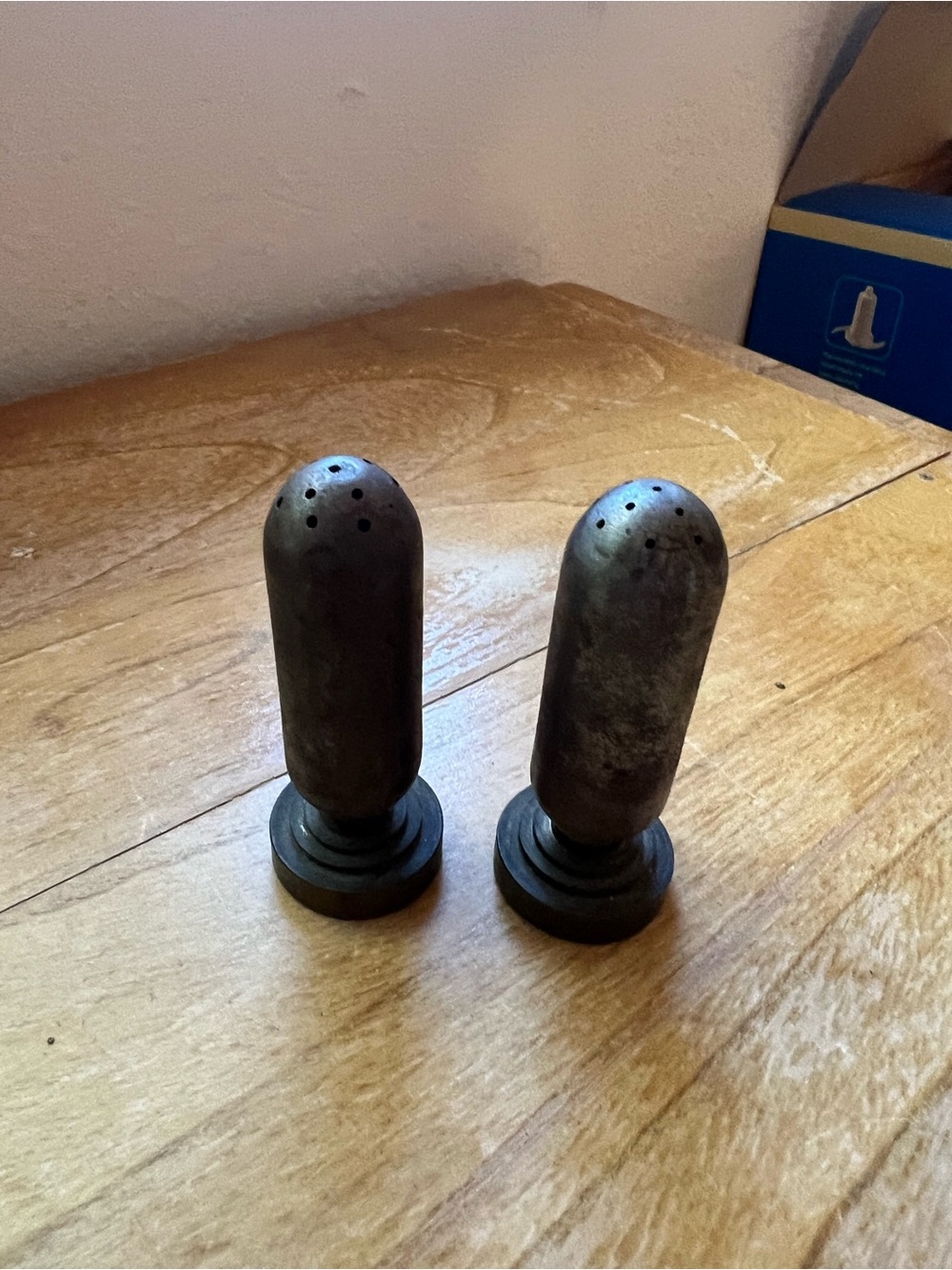 Antique-Style Metal Salt and Pepper Shakers - Dark Patina